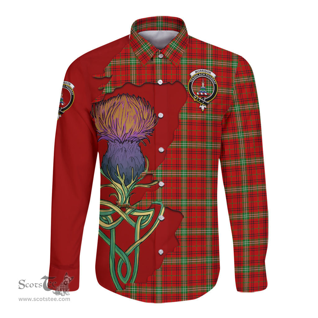 Scottish Morrison Red Modern Clan Tartan Crest with Thistle and Scotland Map Tartan Long Sleeve Shirt Scottish Plaid Tartan Plaid - ScotsTee - scotstee.com
