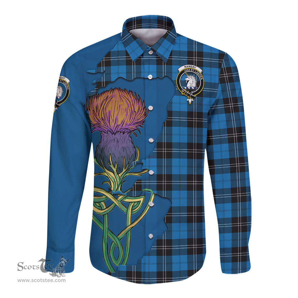 Scottish Ramsay Blue Ancient Clan Tartan Crest with Thistle and Scotland Map Tartan Long Sleeve Shirt Scottish Plaid Tartan Plaid - ScotsTee - scotstee.com