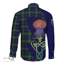 Scottish MacThomas Modern Clan Tartan Crest with Thistle and Scotland Map Tartan Long Sleeve Shirt Scottish Plaid Tartan Plaid - ScotsTee - scotstee.com
