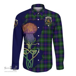 Scottish MacThomas Modern Clan Tartan Crest with Thistle and Scotland Map Tartan Long Sleeve Shirt Scottish Plaid Tartan Plaid - ScotsTee - scotstee.com