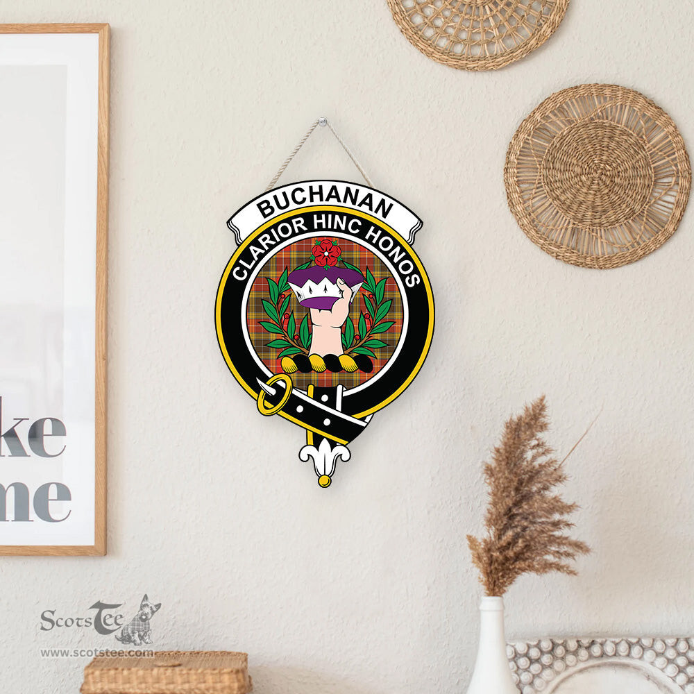 ScotsTee Shop Scottish Buchanan Old Set Weathered Clan Scottish Crest Tartan Wooden Hanging Wall Art Sign