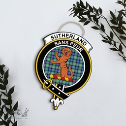 ScotsTee Shop Scottish Sutherland Old Ancient Clan Scottish Crest Tartan Wooden Hanging Wall Art Sign