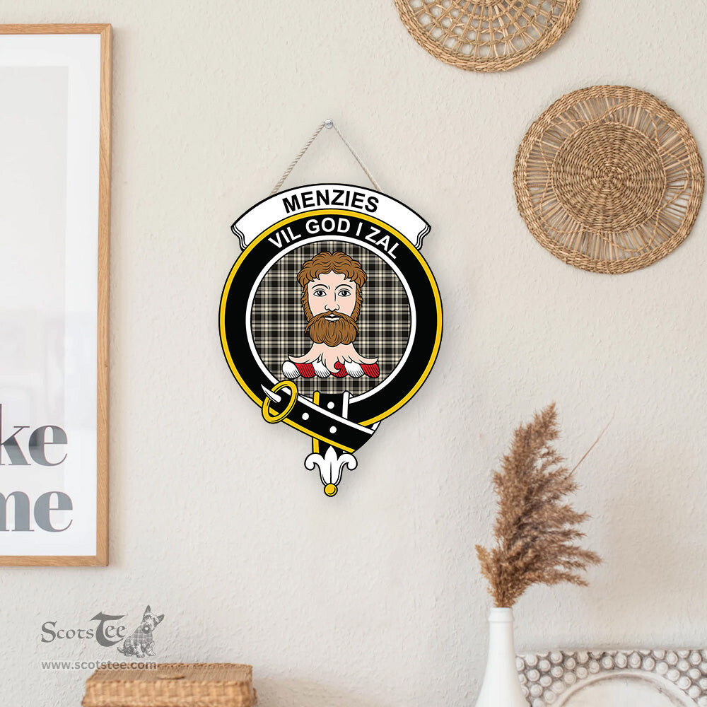 ScotsTee Shop Scottish Menzies Black & White Ancient Clan Scottish Crest Tartan Wooden Hanging Wall Art Sign
