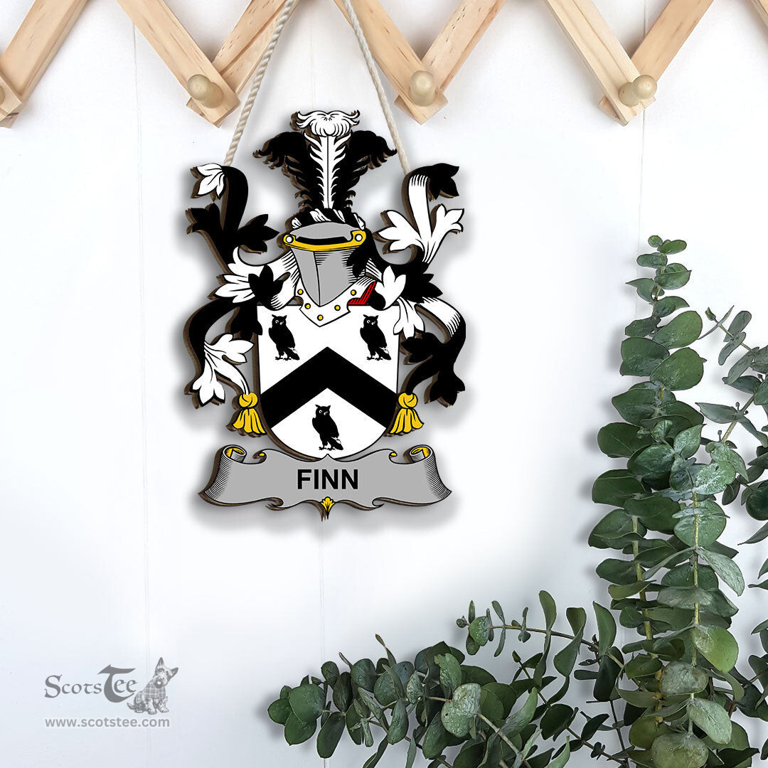 ScotsTee Shop Irish Finn or O Finn Coat of Arms Crest Ireland Wooden Hanging Wall Art Sign