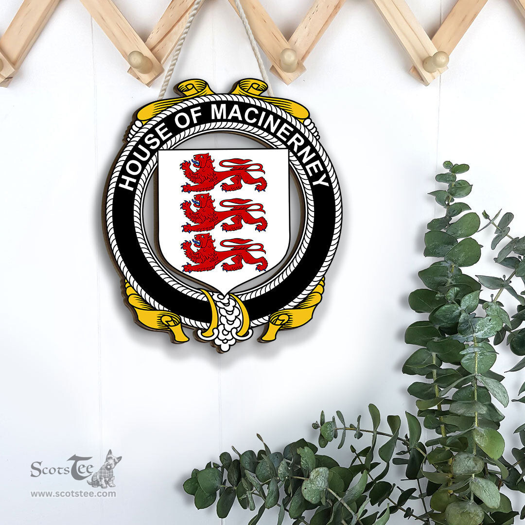 ScotsTee Shop Irish House of MACiNERNEY Coat of Arms Crest Ireland Wooden Hanging Wall Art Sign