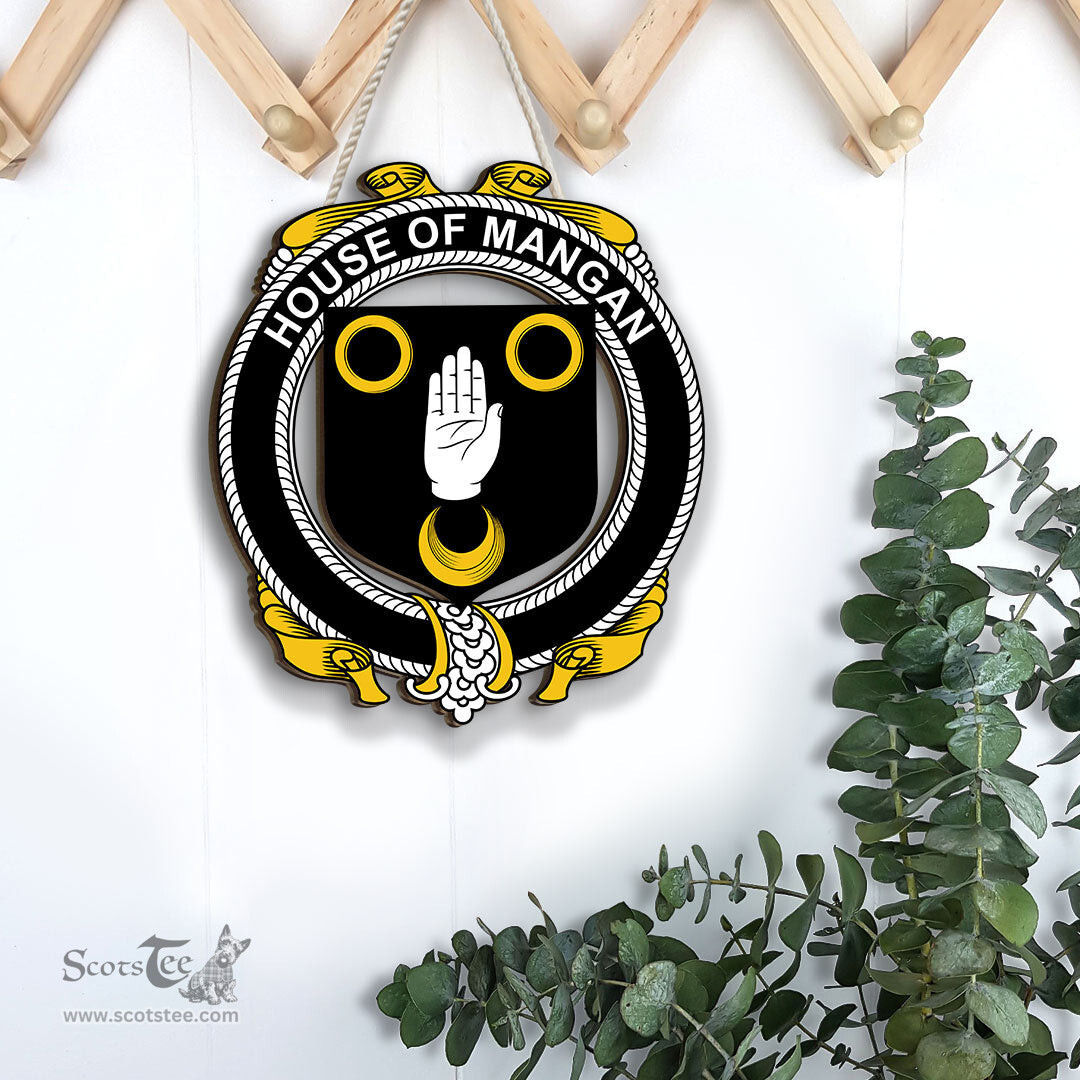 ScotsTee Shop Irish House of MANGAN Coat of Arms Crest Ireland Wooden Hanging Wall Art Sign