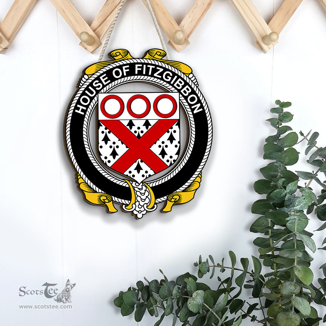 ScotsTee Shop Irish House of FITZGIBBON Coat of Arms Crest Ireland Wooden Hanging Wall Art Sign