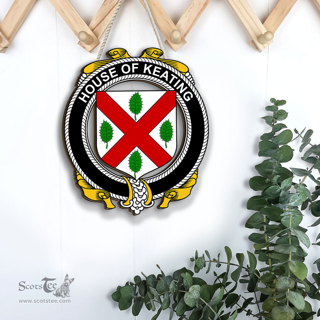 ScotsTee Shop Irish House of KEATING Coat of Arms Crest Ireland Wooden Hanging Wall Art Sign