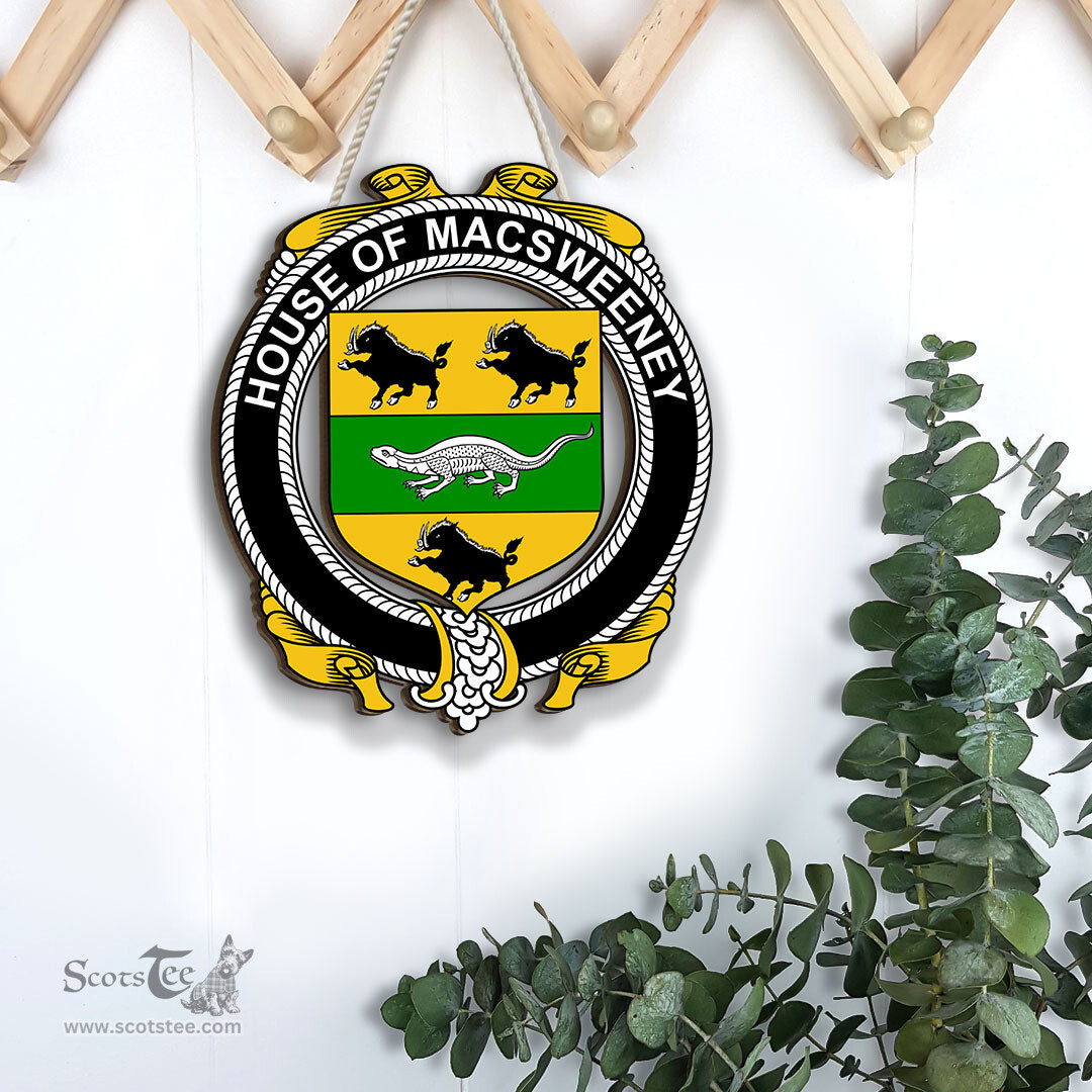 ScotsTee Shop Irish House of MACSWEENEY Coat of Arms Crest Ireland Wooden Hanging Wall Art Sign