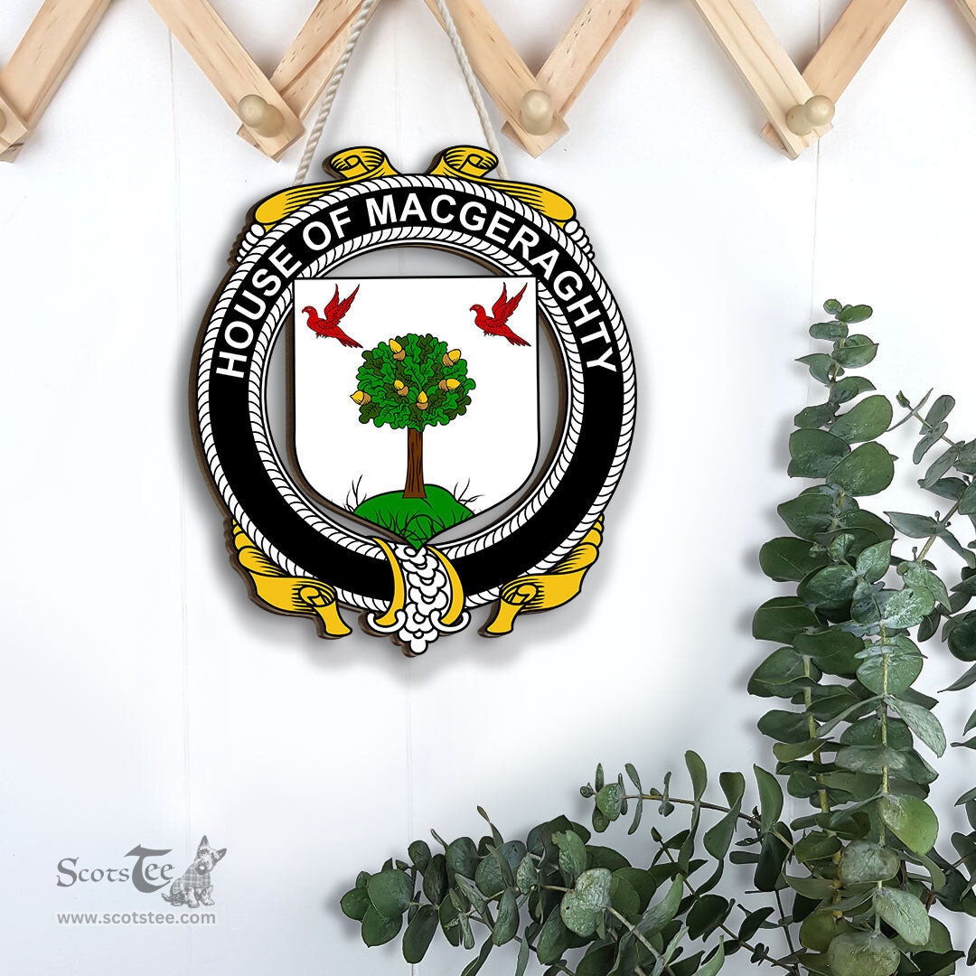 ScotsTee Shop Irish House of MACGERAGHTY Coat of Arms Crest Ireland Wooden Hanging Wall Art Sign