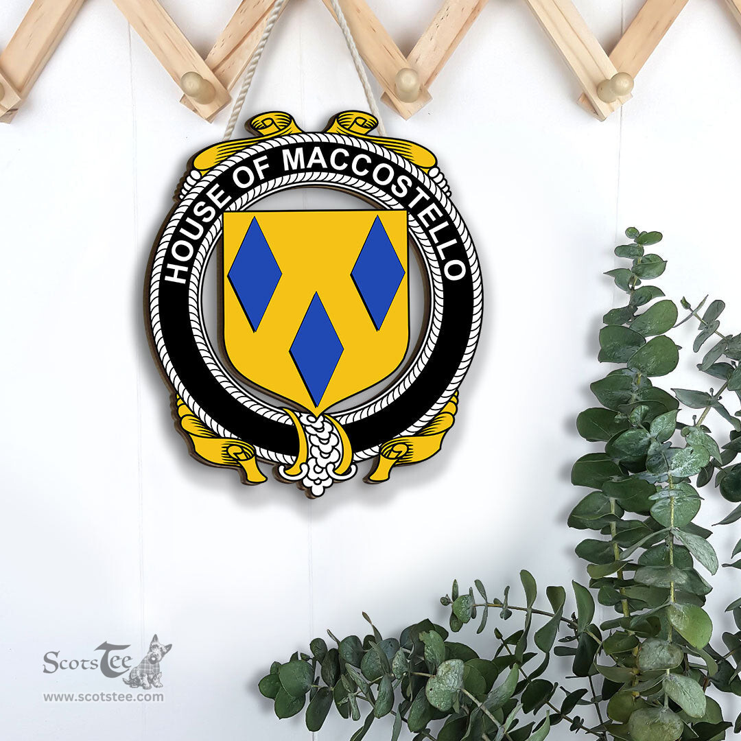 ScotsTee Shop Irish House of MACCOSTELLO Coat of Arms Crest Ireland Wooden Hanging Wall Art Sign