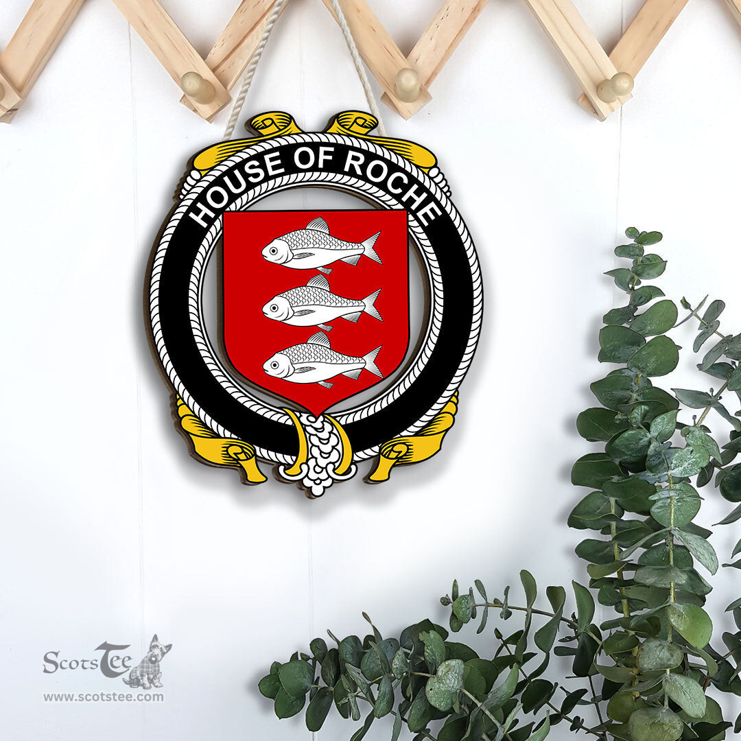 ScotsTee Shop Irish House of ROCHE Coat of Arms Crest Ireland Wooden Hanging Wall Art Sign