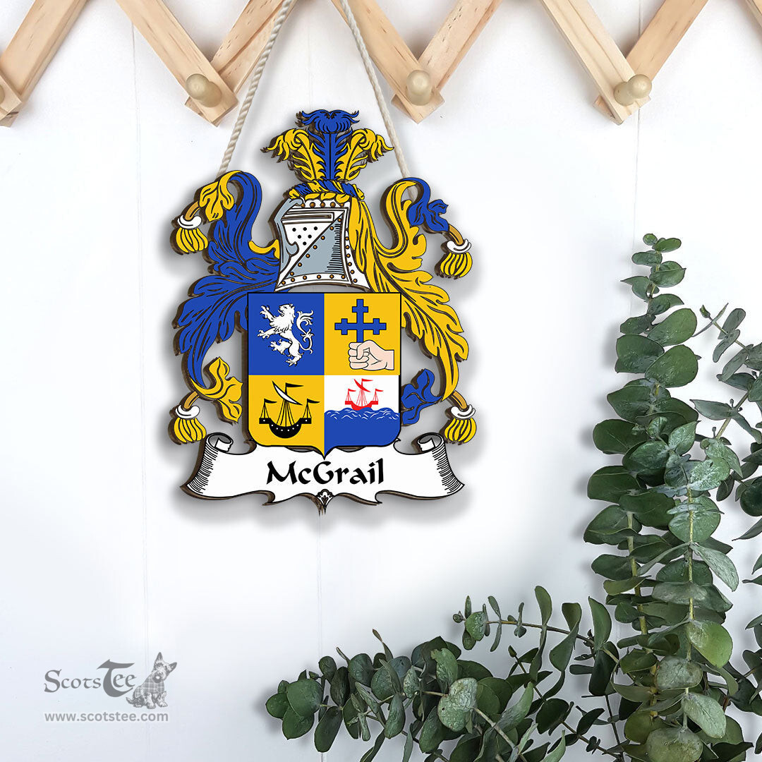 ScotsTee Shop Irish McGrail Coat of Arms Crest Ireland Wooden Hanging Wall Art Sign
