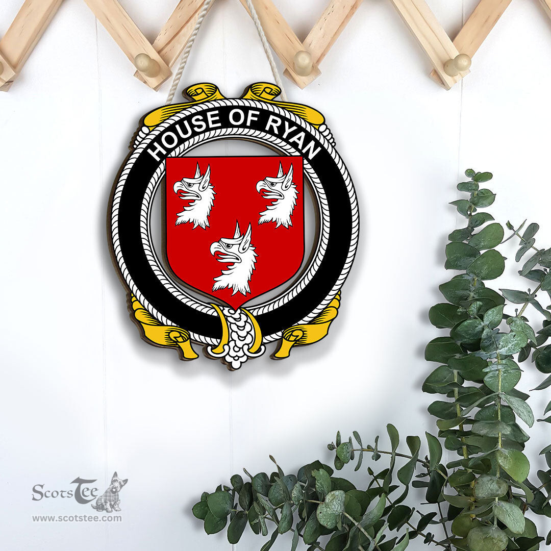 ScotsTee Shop Irish House of RYAN O Mulrian Coat of Arms Crest Ireland Wooden Hanging Wall Art Sign