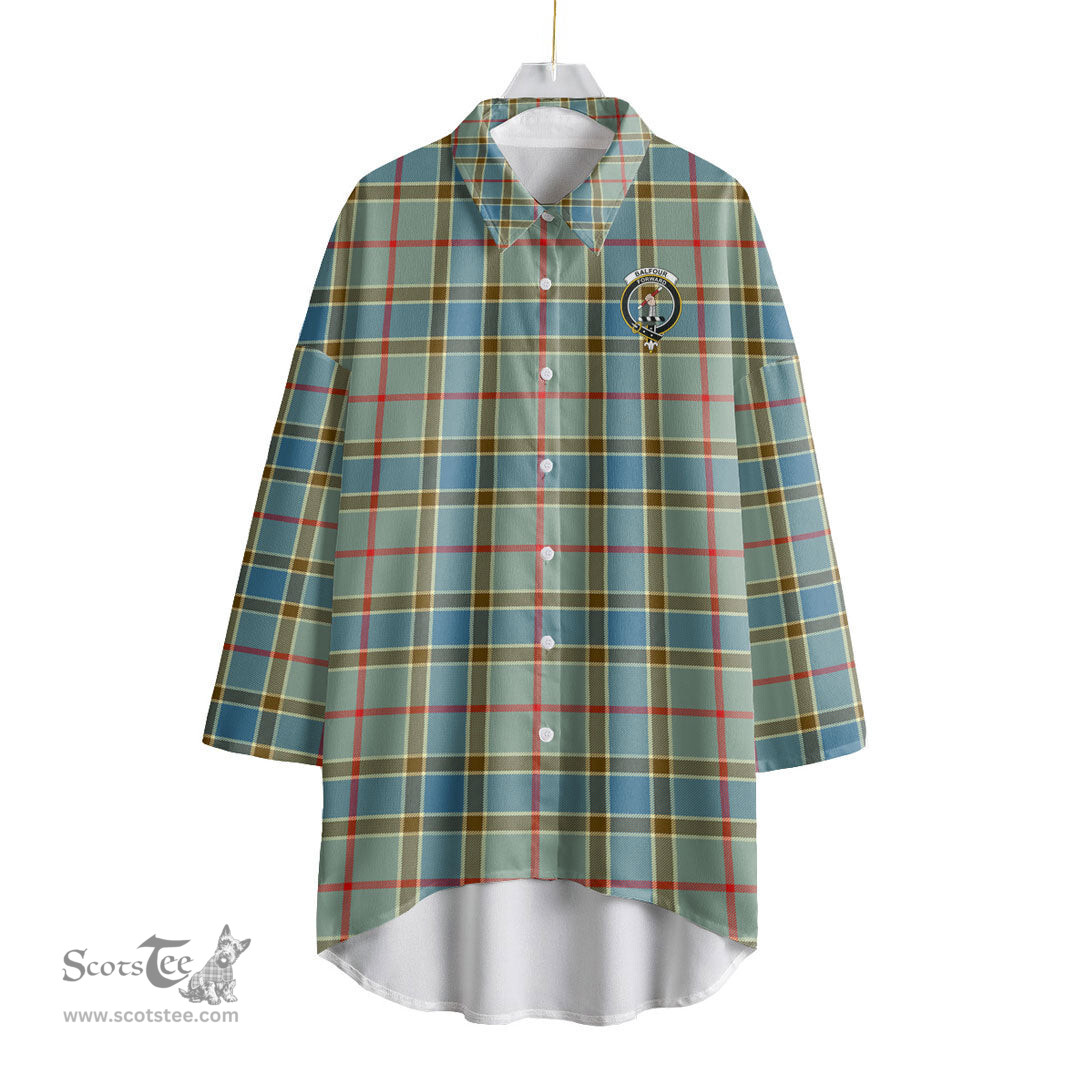 ScotsTee Shop Scottish Balfour Blue Clan Crest Tartan Womens Elbow Sleeve Chiffon Shirt
