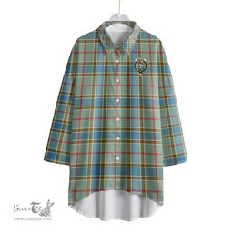 ScotsTee Shop Scottish Balfour Blue Clan Crest Tartan Womens Elbow Sleeve Chiffon Shirt