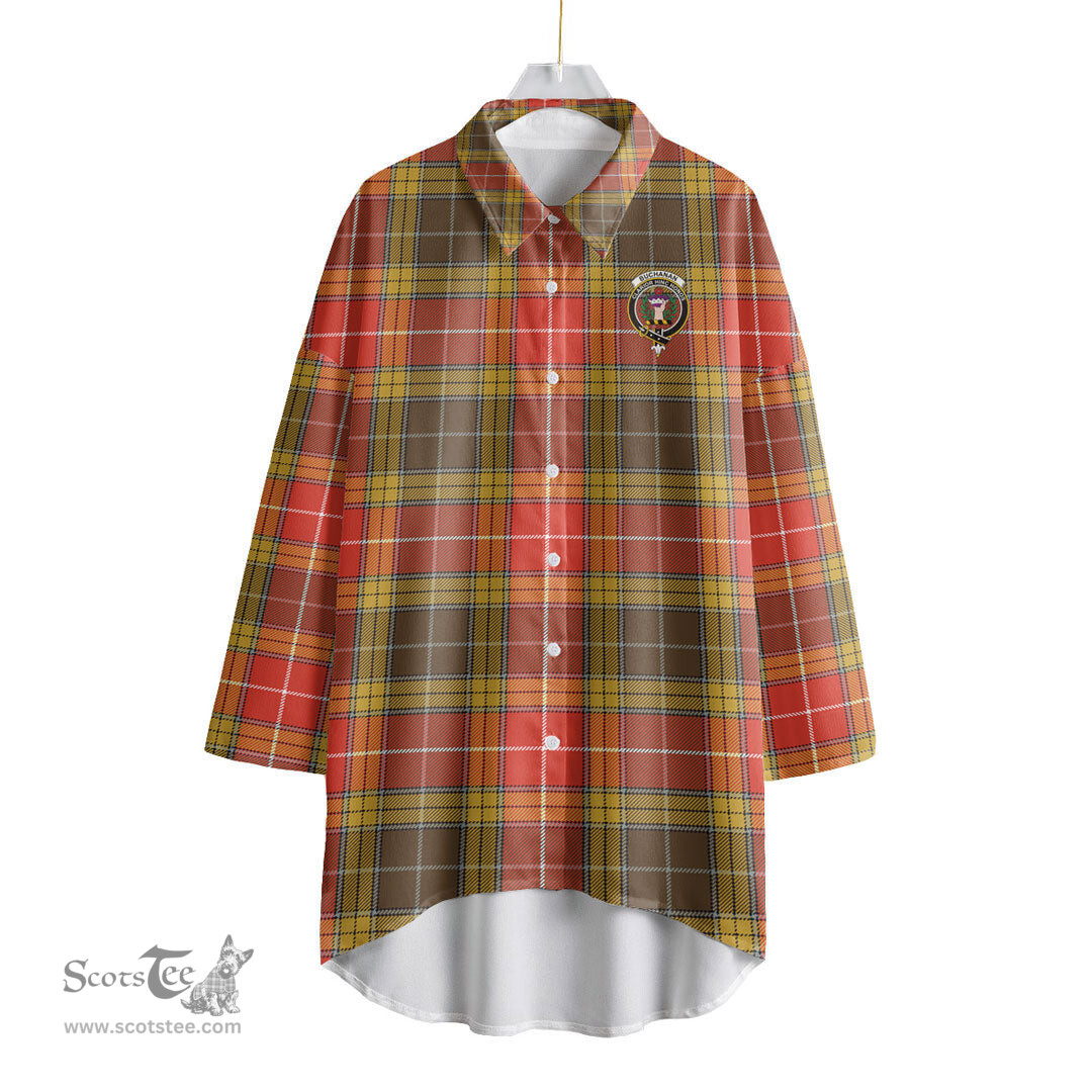 ScotsTee Shop Scottish Buchanan Old Set Weathered Clan Crest Tartan Womens Elbow Sleeve Chiffon Shirt