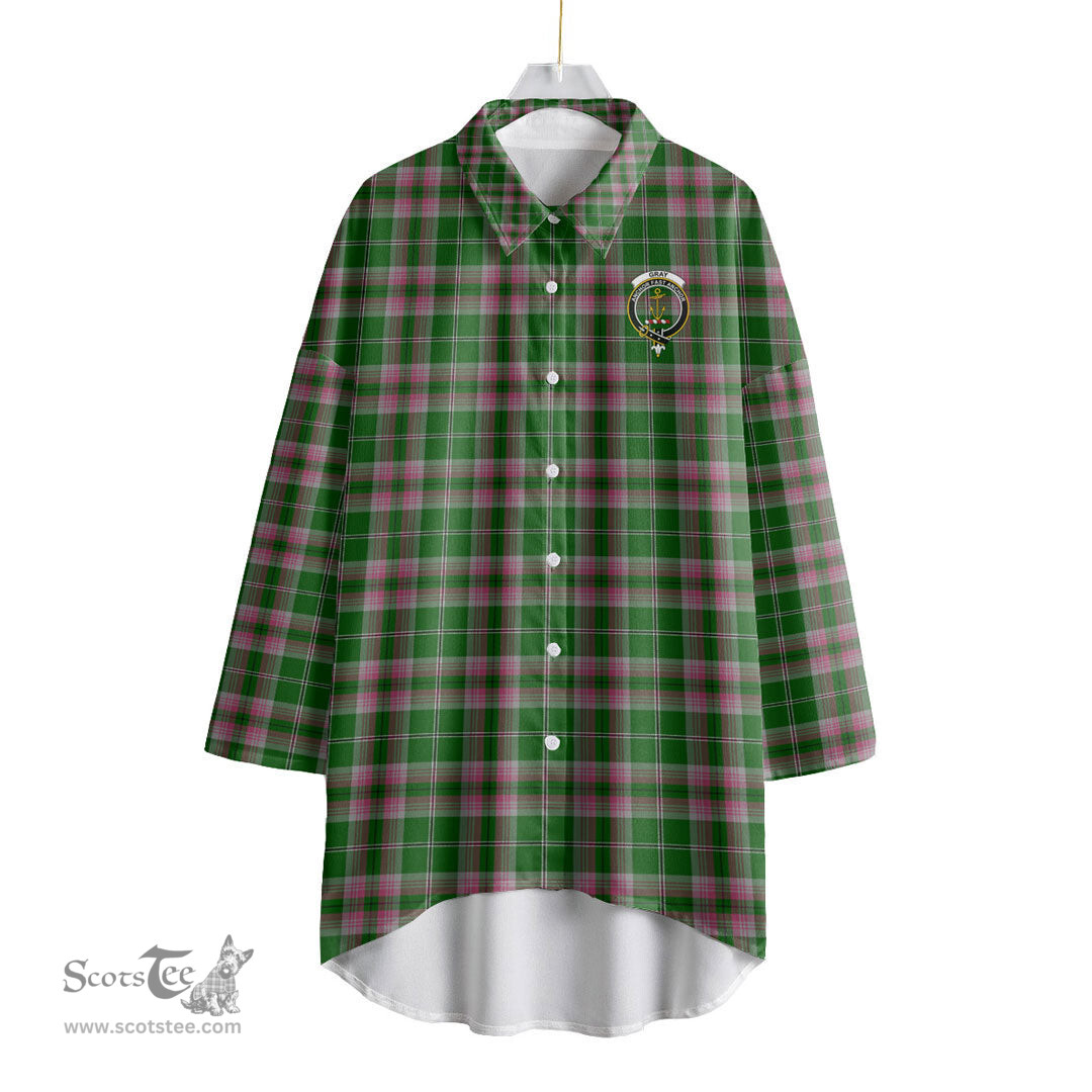 ScotsTee Shop Scottish Gray Hunting Clan Crest Tartan Womens Elbow Sleeve Chiffon Shirt