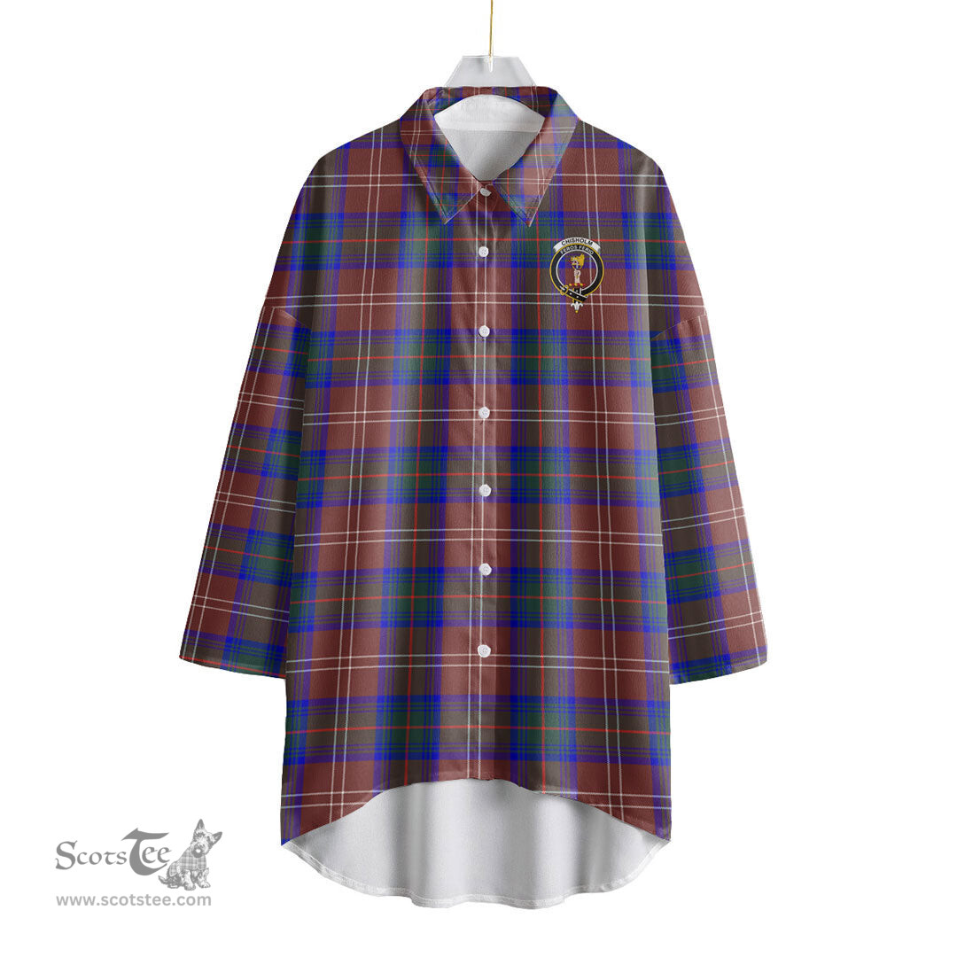 ScotsTee Shop Scottish Chisholm Hunting Modern Clan Crest Tartan Womens Elbow Sleeve Chiffon Shirt
