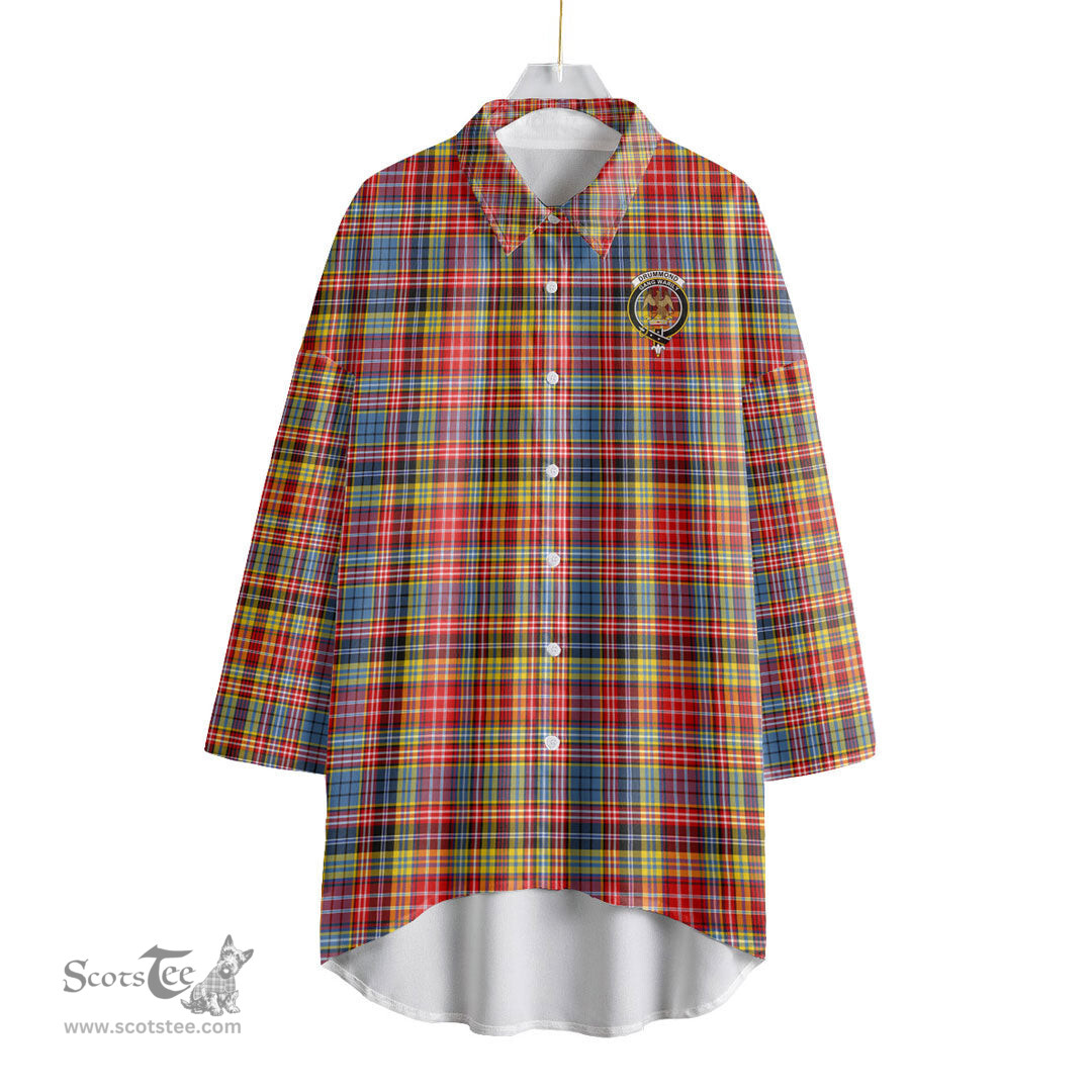 ScotsTee Shop Scottish Drummond of Strathallan Clan Crest Tartan Womens Elbow Sleeve Chiffon Shirt