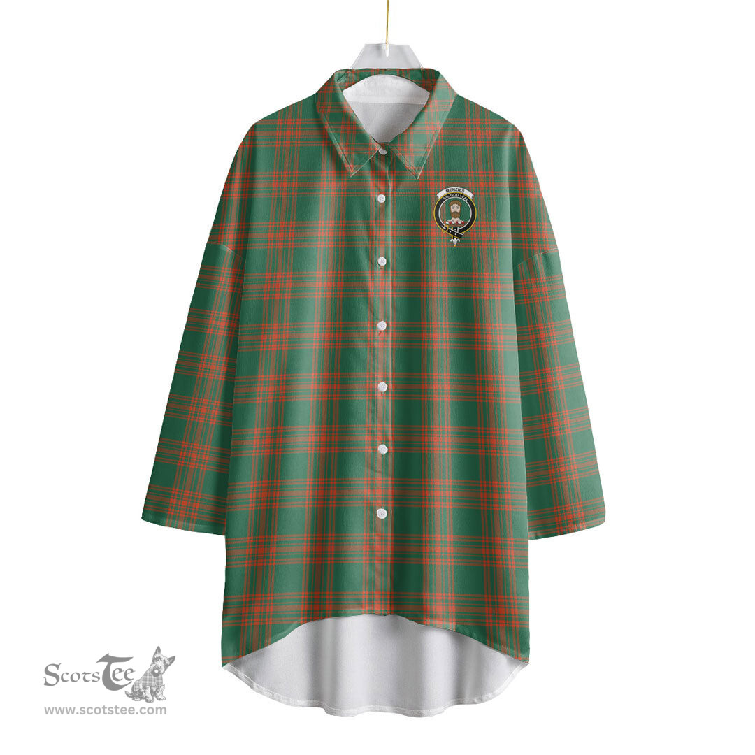 ScotsTee Shop Scottish Menzies Green Ancient Clan Crest Tartan Womens Elbow Sleeve Chiffon Shirt