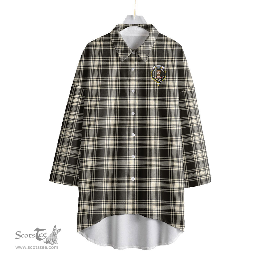ScotsTee Shop Scottish Menzies Black White Ancient Clan Crest Tartan Womens Elbow Sleeve Chiffon Shirt