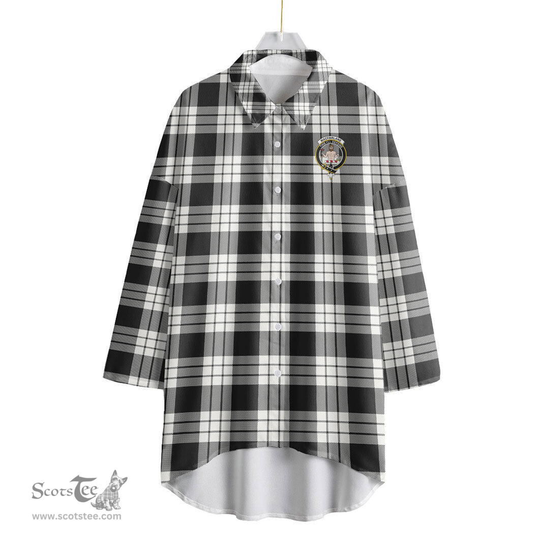 ScotsTee Shop Scottish MacFarlane Black White Ancient Clan Crest Tartan Womens Elbow Sleeve Chiffon Shirt