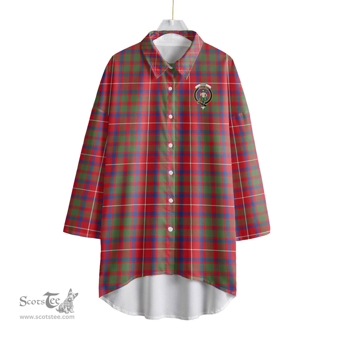 ScotsTee Shop Scottish Shaw Red Modern Clan Crest Tartan Womens Elbow Sleeve Chiffon Shirt