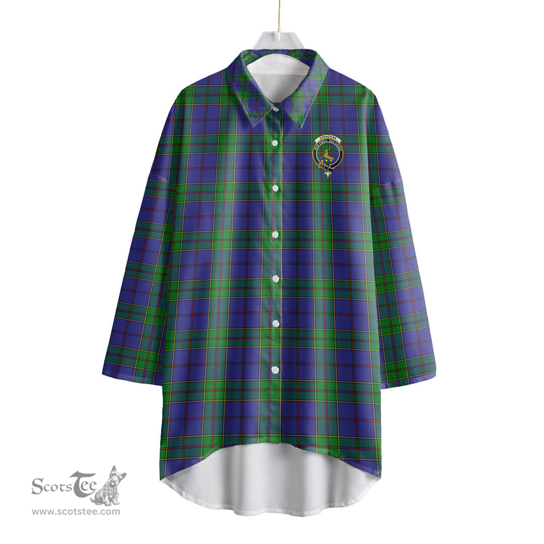 ScotsTee Shop Scottish Strachan Clan Crest Tartan Womens Elbow Sleeve Chiffon Shirt