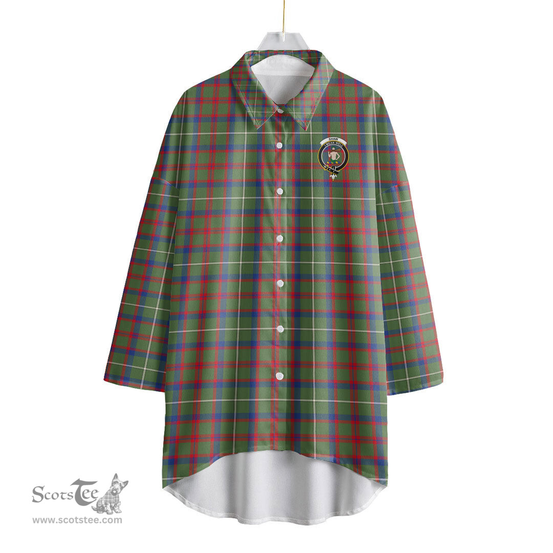 ScotsTee Shop Scottish Shaw Green Modern Clan Crest Tartan Womens Elbow Sleeve Chiffon Shirt