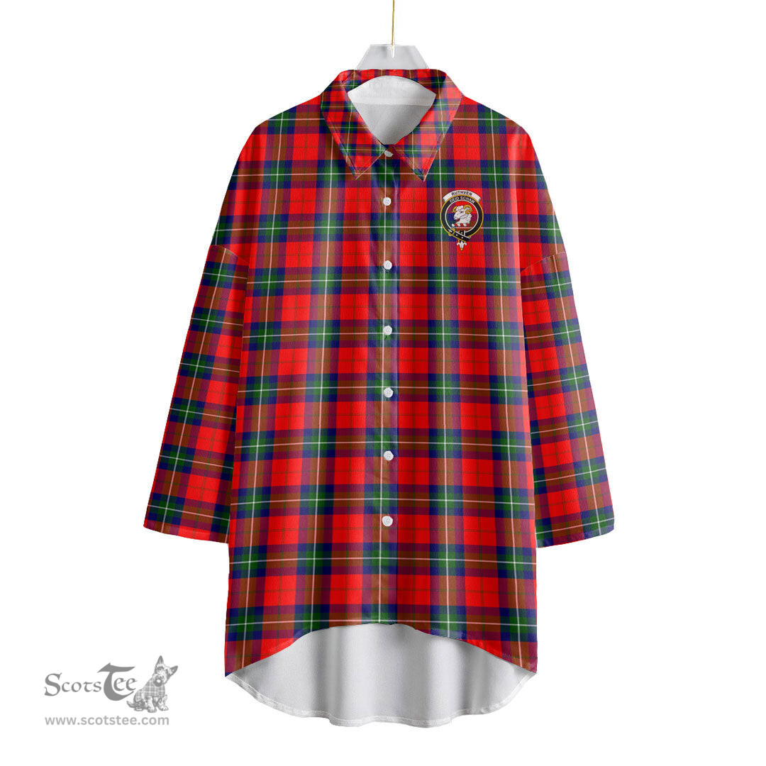 ScotsTee Shop Scottish Ruthven Modern Clan Crest Tartan Womens Elbow Sleeve Chiffon Shirt