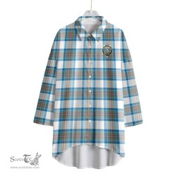 ScotsTee Shop Scottish Stewart Muted Blue Clan Crest Tartan Womens Elbow Sleeve Chiffon Shirt
