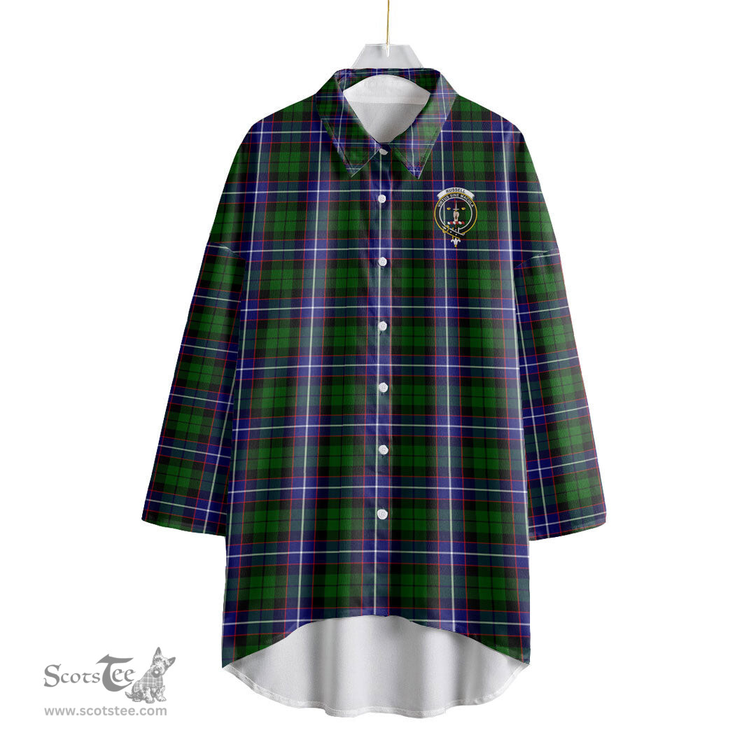 ScotsTee Shop Scottish Russell Modern Clan Crest Tartan Womens Elbow Sleeve Chiffon Shirt