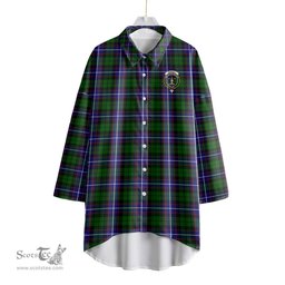 ScotsTee Shop Scottish Russell Modern Clan Crest Tartan Womens Elbow Sleeve Chiffon Shirt