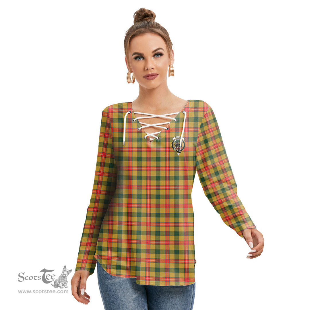 ScotsTee Shop Scottish Baxter Clan Crest Tartan Womens V Neck Lace Up Criss Cross Sweatshirt