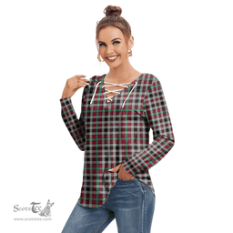 ScotsTee Shop Scottish Borthwick Ancient Clan Tartan Womens V Neck Lace Up Criss Cross Sweatshirt