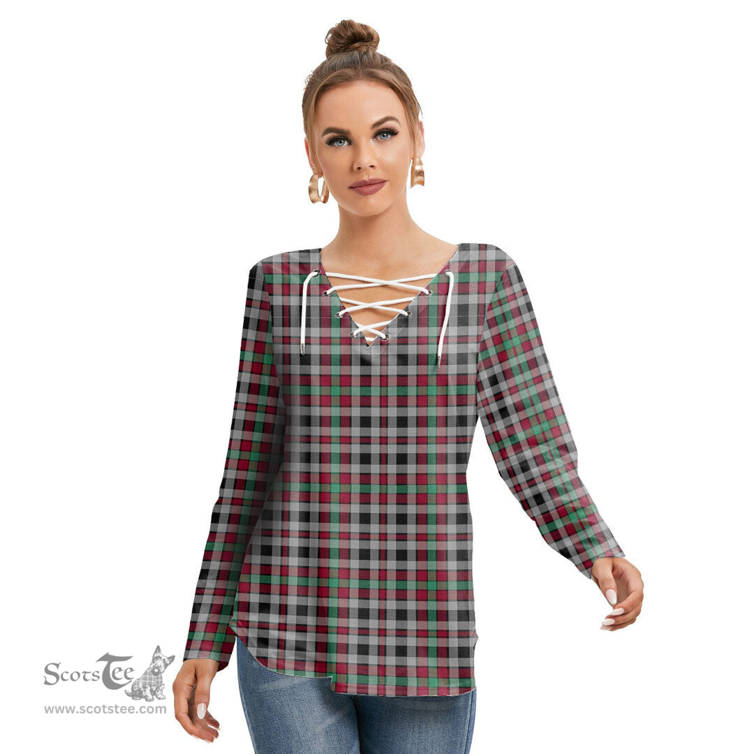 ScotsTee Shop Scottish Borthwick Ancient Clan Tartan Womens V Neck Lace Up Criss Cross Sweatshirt