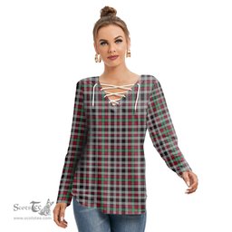 ScotsTee Shop Scottish Borthwick Ancient Clan Tartan Womens V Neck Lace Up Criss Cross Sweatshirt