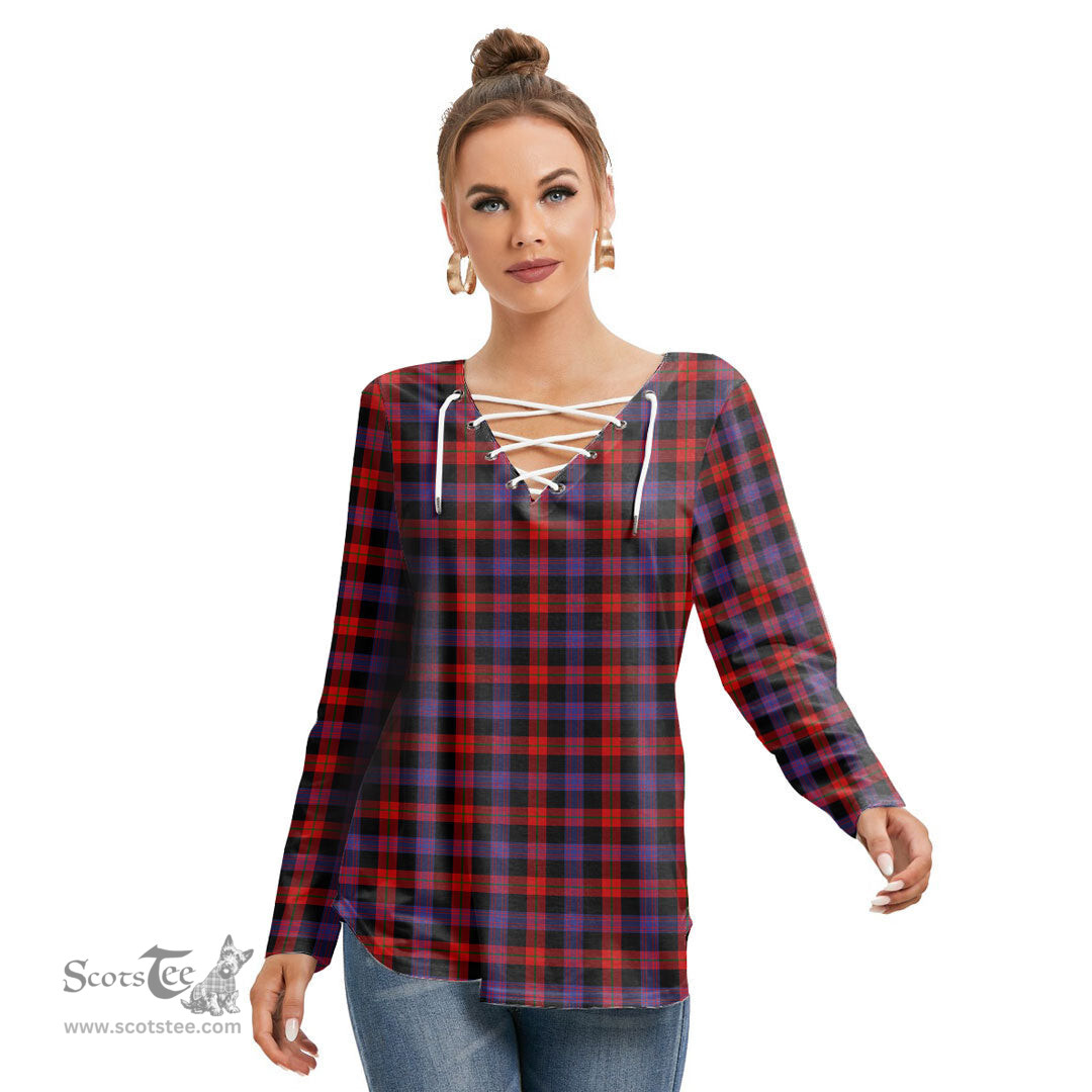 ScotsTee Shop Scottish Brown Modern Clan Tartan Womens V Neck Lace Up Criss Cross Sweatshirt
