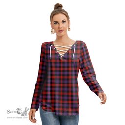ScotsTee Shop Scottish Brown Modern Clan Tartan Womens V Neck Lace Up Criss Cross Sweatshirt