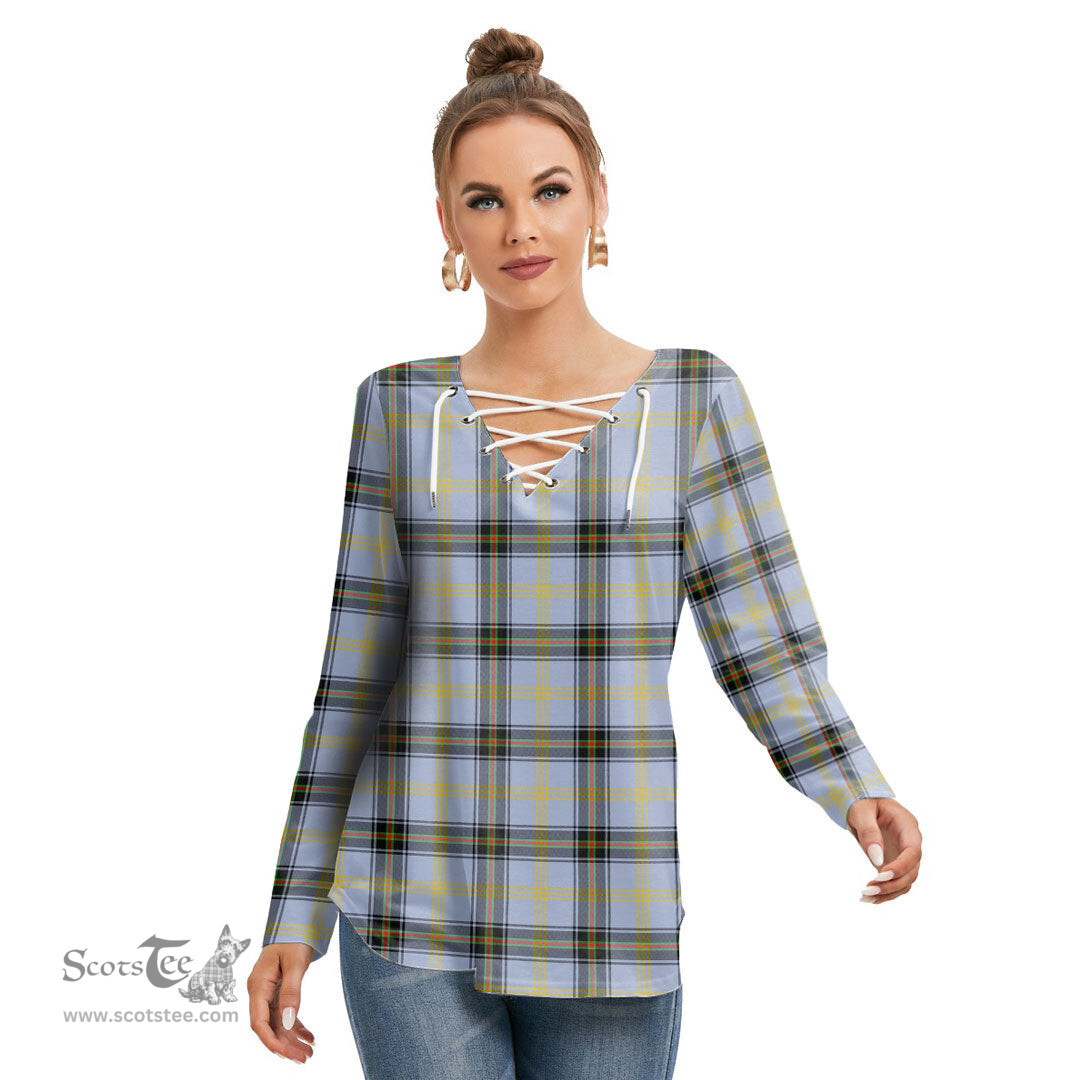 ScotsTee Shop Scottish Bell of the Borders Clan Tartan Womens V Neck Lace Up Criss Cross Sweatshirt