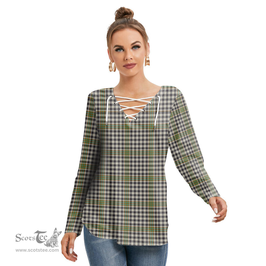 ScotsTee Shop Scottish Burns Check Clan Tartan Womens V Neck Lace Up Criss Cross Sweatshirt