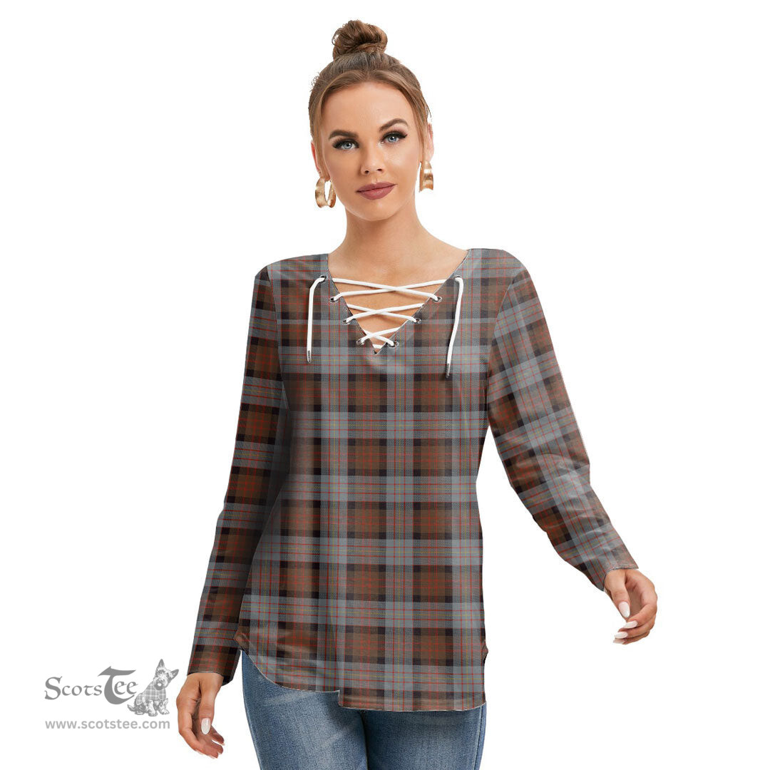 ScotsTee Shop Scottish Cameron of Erracht Weathered Clan Tartan Womens V Neck Lace Up Criss Cross Sweatshirt