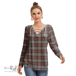 ScotsTee Shop Scottish Cameron of Erracht Weathered Clan Tartan Womens V Neck Lace Up Criss Cross Sweatshirt