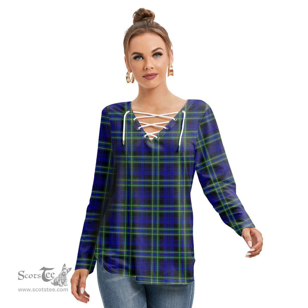 ScotsTee Shop Scottish Arbuthnot Modern Clan Tartan Womens V Neck Lace Up Criss Cross Sweatshirt