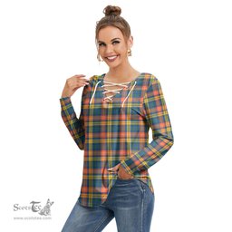 ScotsTee Shop Scottish Buchanan Ancient Clan Tartan Womens V Neck Lace Up Criss Cross Sweatshirt