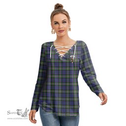 ScotsTee Shop Scottish Baird Modern Clan Crest Tartan Womens V Neck Lace Up Criss Cross Sweatshirt