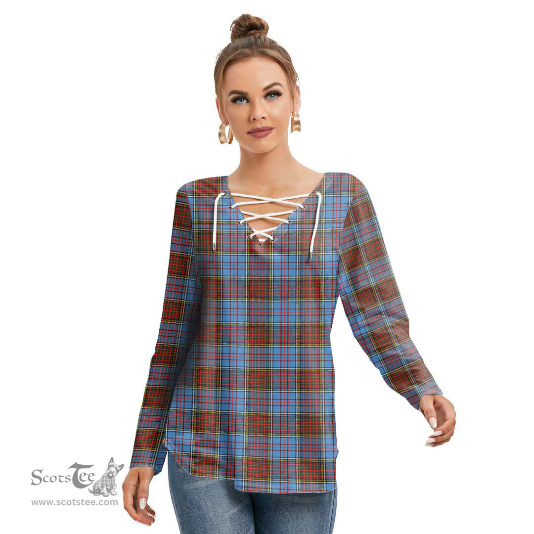 ScotsTee Shop Scottish Anderson Modern Clan Tartan Womens V Neck Lace Up Criss Cross Sweatshirt