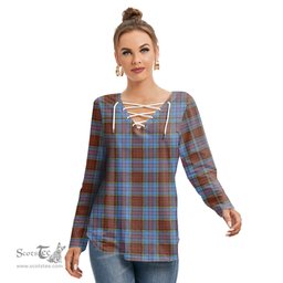 ScotsTee Shop Scottish Anderson Modern Clan Tartan Womens V Neck Lace Up Criss Cross Sweatshirt