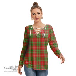 ScotsTee Shop Scottish Burnett Ancient Clan Crest Tartan Womens V Neck Lace Up Criss Cross Sweatshirt
